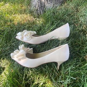 Jeffrey Campbell x BHLDN Polina Ivory Bow Satin Kitten Heel Shoes
